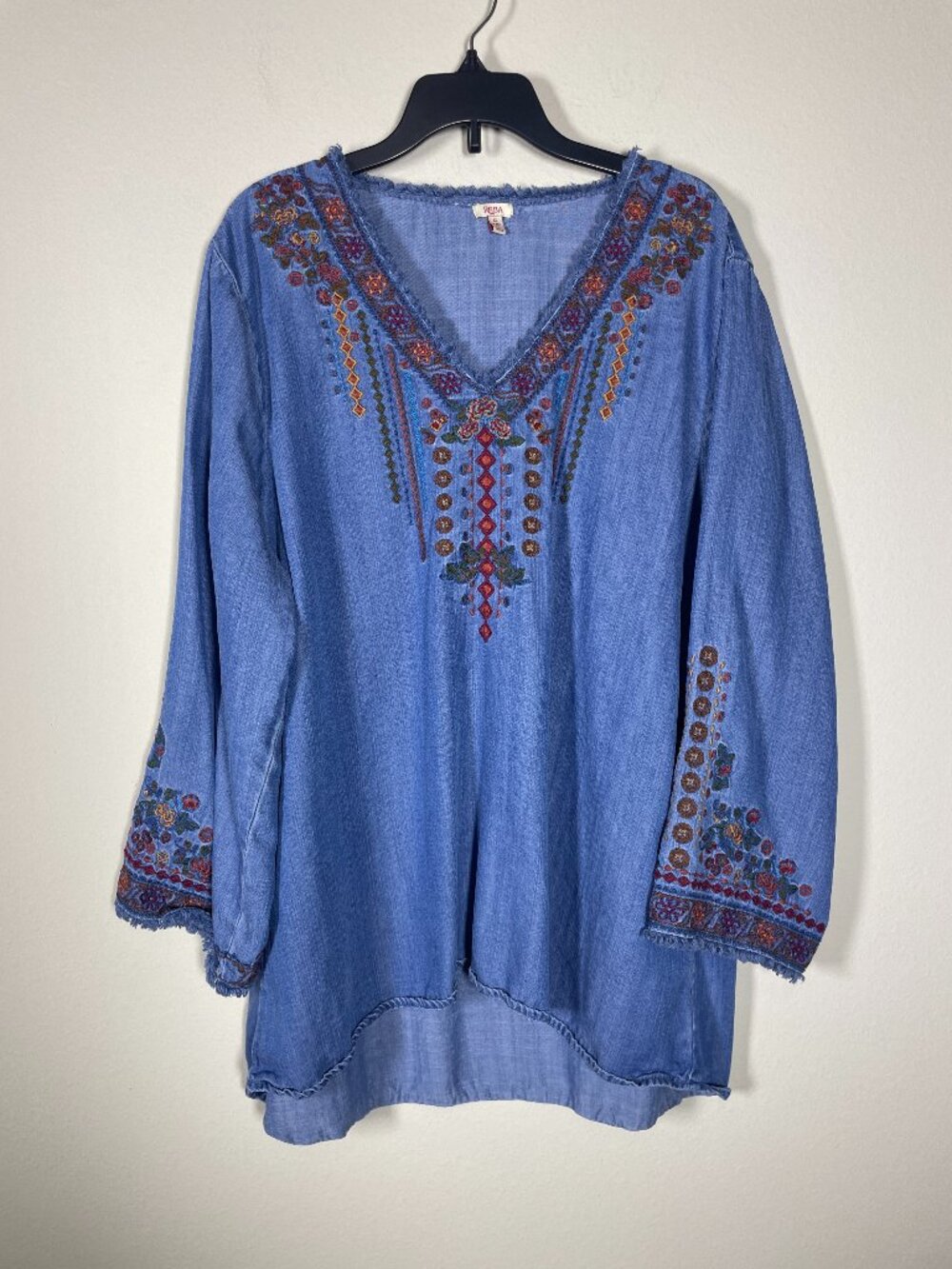 Reba Women's Embroidered Denim V-Neck Tunic Top Western XL!